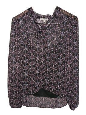 1State Blouse Long Sleeve Tie Neck "2 fer" Purple Black Women Sz Medium NEW Tag